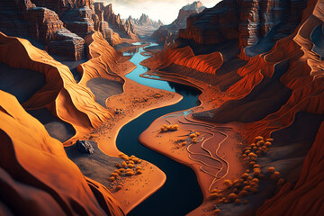 Canvas Print - canyon view with river in the middle generative ai