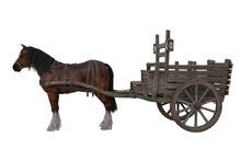 Brown Horse Pulling An Old Medieval Wooden Cart. 3D Rendering Isolated.