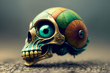 Scary painted goblin skull still life in the forest, AI generated