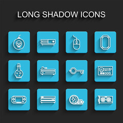 Poster - Set line Portable video game console, Video, Bomb ready to explode, Coin for, graphic card, Create account screen and Ancient key icon. Vector