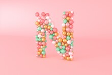 Letter N Made Of Glass Balls, Pastel Pearls, Crystal Jewels And Gold.