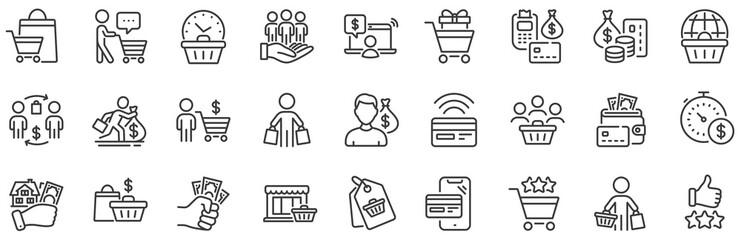 Poster - contactless payment card, shopping cart and group of people. buyer customer line icons. store, buyer