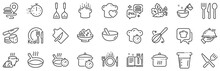 Boiling Time, Frying Pan And Kitchen Utensils. Cooking Line Icons. Fork, Spoon And Knife Line Icons. Recipe Book, Chef Hat And Cutting Board. Cooking Book, Frying Time, Hot Pan. Vector