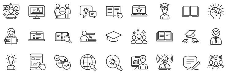 Poster - laptop, book and video tutorial icons. education line icons. graduation cap, instructions and presen