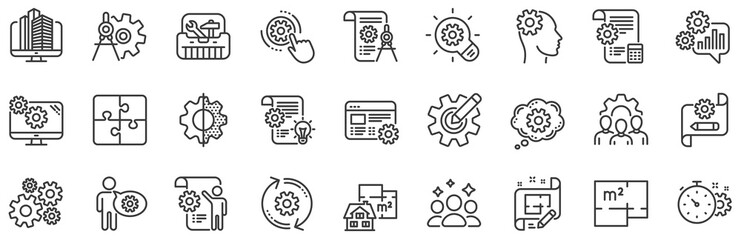 Canvas Print - Set of Idea bulb, Dividers tools and Blueprint linear icons. Engineering line icons. Cogwheel, calculate price, mechanical tools. Idea bulb with cog, architect dividers, engineering people. Vector