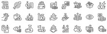 Accounting Coins, Budget Investment, Trade Strategy Icons. Finance Line Icons. Finance Management, Budget Gain And Business Asset. Money Economy, Loan In Dollars And Treasure Map. Vector