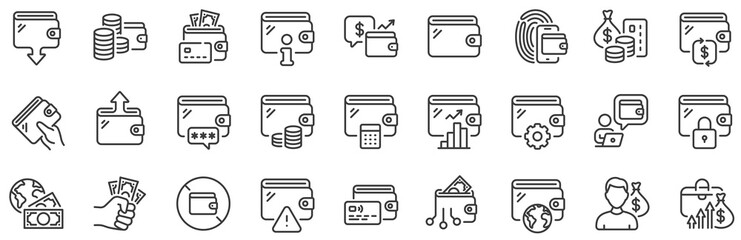 Poster - money transfer, credit card payment, withdraw funds icons. wallet line icons. cash purse, fingerprin