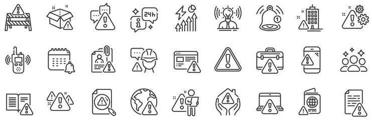 Poster - Caution sign, Exclamation mark, Risk attention. Warnings line icons. Danger alert, error caution, urgent information line icons. Safety risk, construction warning, documentation error. Vector