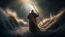 Moses Holds Out His Staff And God Parts The Waters Of The Yam Suph (Reed Sea). Generative AI
