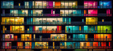 Fototapeta Londyn - Appartmenthaus Bürohaus Abstrakt Surreal Frontalansicht Horizontal bei Nacht Generative AI Digital Art Illustration Kunst Hintergrund Background Cover Kunst 