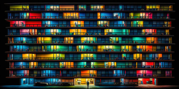 appartmenthaus bürohaus abstrakt surreal frontalansicht horizontal bei nacht generative ai digital a