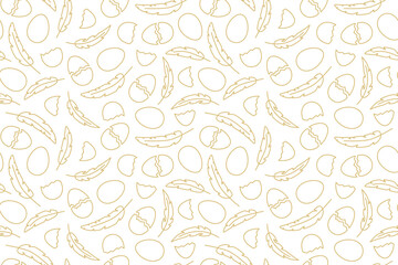 golden seamless pattern with eggs, egg shells and feathers; Easter background- vector illustration
