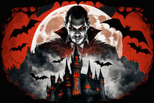 Scary Horror And Haunted Dracula Vampire Castle With Bats. Creepy Atmosphere. Ai Generated
