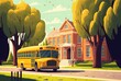 © Jorge Ferreiro - cartoon illustration, a city street with a school building and a yellow bus for schoolchildren AI generative