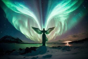 angel with wings looking at aurora - generative ai