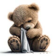 teddy bear sitting and crying, wiping his tears with a handkerchief for his nose, on a white backgro