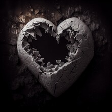 Grey Concrete Broken Heart Isolated On Black Background. Natural Stone Artistic Illustration, Cracked Surface. Decorative Concrete Black And White Heart Poster.