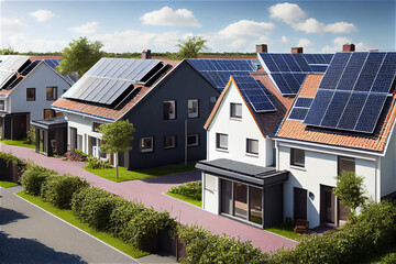 Wall Mural - Residential development with houses equipped with solar panels on the roofs, generative AI