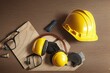 Construction safety. Protective hard hat, headphones, gloves and glasses on wooden background, copy space, top view. Generative AI