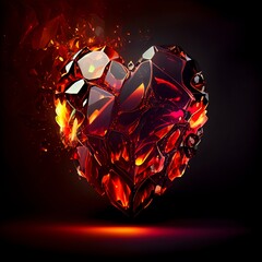 Red ruby heart on fire flame isolated on black background. Love and passion symbolic artistic illustration. Decorative ruby heart burning on fire poster.