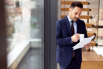 Wall Mural - Handsome well dressed businessman holding documents