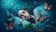 © Viks_jin - Sweet dreams. The girl sees a magical dream with butterflies. The concept of relaxation.  fantasy background. digital ai art