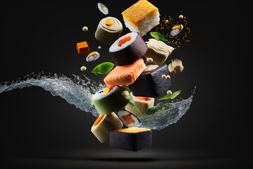 Sushi maki pieces flying in air, Japanese food on black background, generative AI