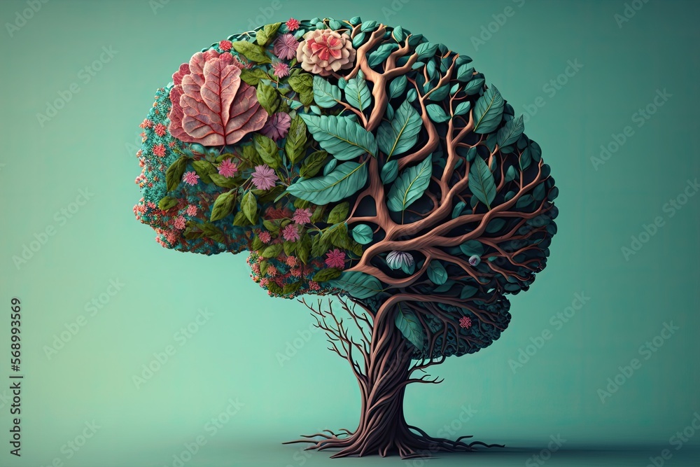 Human brain tree with flowers, self-care and mental health concepts ...