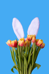Wall Mural - Easter greeting card with beautiful bouquet of tulips and decorative rabbit ears on blue background