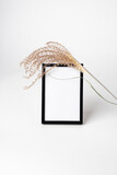 Fototapeta  - Czarna, pusta ramka na białym tle, suszony kwiat