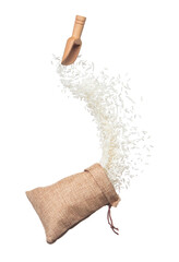 Wall Mural - Japanese Rice in sack bag flying explosion, white grain rices fall abstract fly. Beautiful complete seed rice bag splash in air, food object design. White background isolated, high speed freeze motion