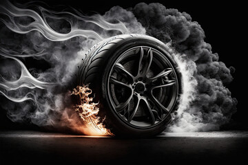 Canvas Print - Car tires with a great profile on illuminates asphalt, smoke, wheel, car, tire, isolated, auto, tyre, black, rubber, automobile, vehicle, transportation, white, transport, object, icon, illustration, 