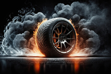 Canvas Print - Car tires with a great profile on illuminates asphalt, smoke, wheel, car, tire, isolated, auto, tyre, black, rubber, automobile, vehicle, transportation, white, transport, object, icon, illustration, 