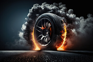 Canvas Print - Car tires with a great profile on illuminates asphalt, smoke, wheel, car, tire, isolated, auto, tyre, black, rubber, automobile, vehicle, transportation, white, transport, object, icon, illustration, 
