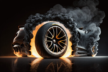 Canvas Print - Car tires with a great profile on illuminates asphalt, smoke, wheel, car, tire, isolated, auto, tyre, black, rubber, automobile, vehicle, transportation, white, transport, object, icon, illustration, 
