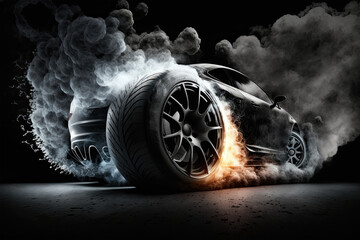 Canvas Print - Car tires with a great profile on illuminates asphalt, smoke, wheel, car, tire, isolated, auto, tyre, black, rubber, automobile, vehicle, transportation, white, transport, object, icon, illustration, 