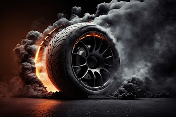 Canvas Print - Car tires with a great profile on illuminates asphalt, smoke, wheel, car, tire, isolated, auto, tyre, black, rubber, automobile, vehicle, transportation, white, transport, object, icon, illustration, 