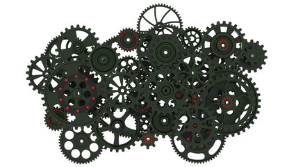 Mechanism dark green gears and cogs at work on spot light background. Industrial machinery. 3D illustration. 3D high quality rendering.