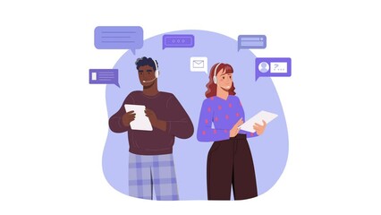 Poster - Help Desk Operators video concept. Moving man and woman with headset answer user questions, solve problems and provide maintenance. Call center or support staff. Flat graphic animated cartoon