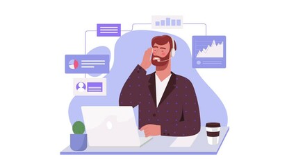 Poster - Help Desk Operator video concept. Moving male call center employee sits with laptop and headphones and answers calls from users. Customer support service or hotline. Flat graphic animated cartoon