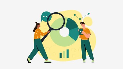 Poster - data analysis concept. moving man and woman with magnifying glass studying charts, dagrams and compa