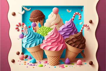 Canvas Print - An Ice Cream Illusion: Cartoon Style Dessert on a Soft and Stunning Background - Generative AI