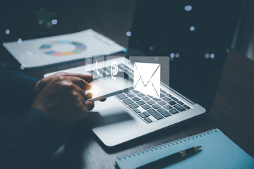 Customer support hotline contact us people connection concept. Web page online customer service technology idea. Businesswoman using smartphone with email, call phone, address, Chat message icons.