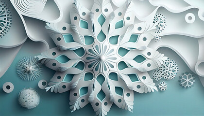 Christmas background with beautiful snowflake in paper cut style. Generative AI