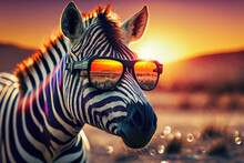 Zebra Wearing Reflective Sunglasses In The Sunset