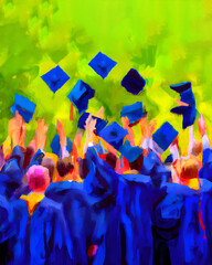 Digital illustration of a graduation ceremony with students throwing their graduation caps in the air. It looks like an abstract painting.