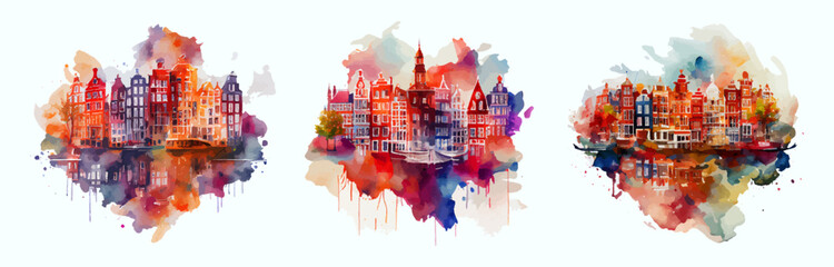 Set of colorful buildings in a watercolor style isolated on a white background. Watercolor Amsterdam illustration. Journey. Ideal for postcard, book, poster, banner. Vector illustration