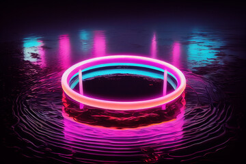 Poster - Abstract neon circle light fluorescent Neon Lights glow ,Reflection on water,neon lights exhibition background