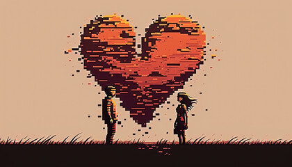 Wall Mural - Pixel art of heart and couple with pastel color background. Love and valentine day concept. Generative AI