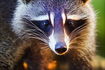 Wall Mural - raccoon on the background of green nature, generative AI